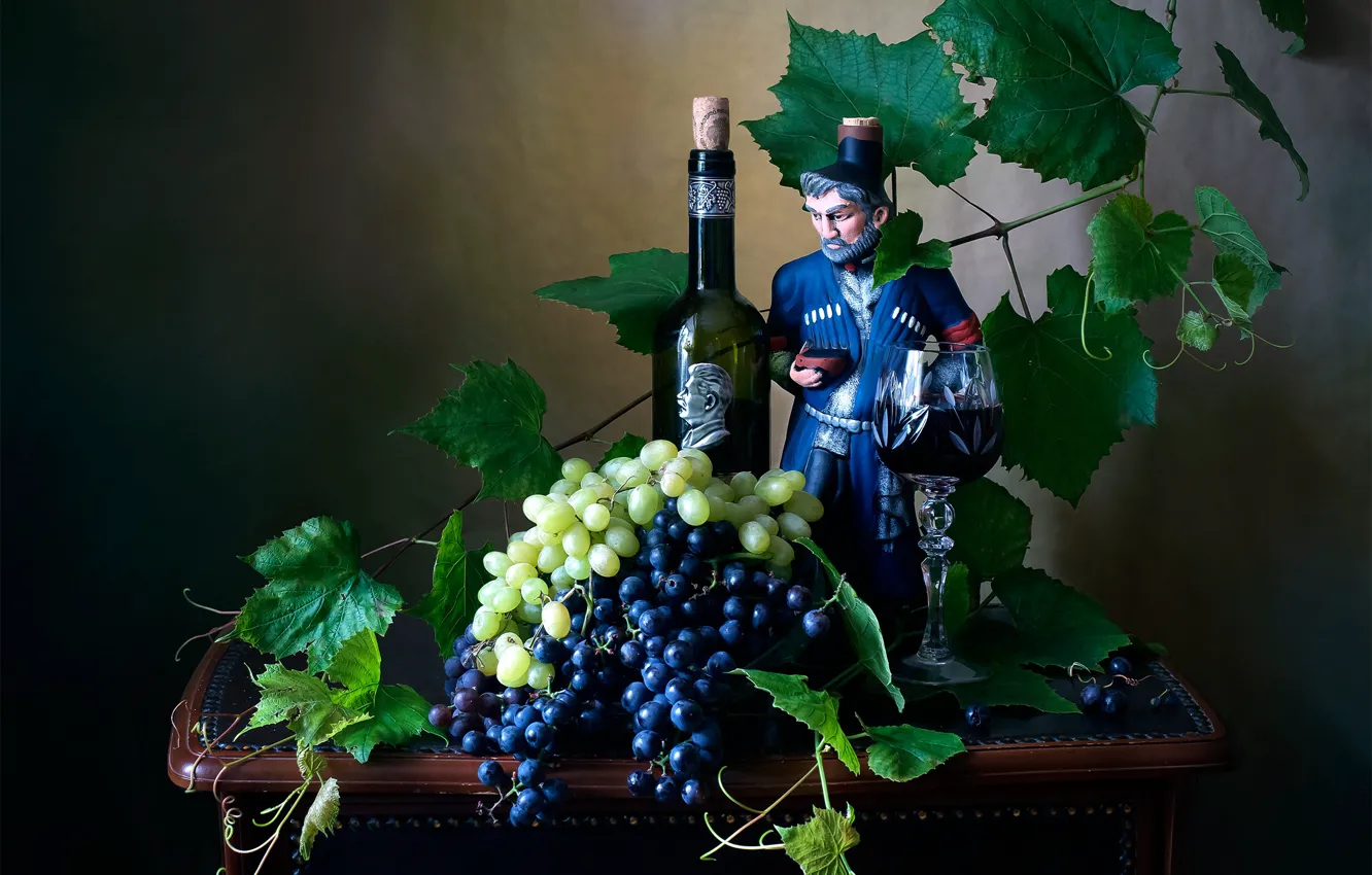 Photo wallpaper leaves, wine, glass, grapes, bottle, still life, table, vine