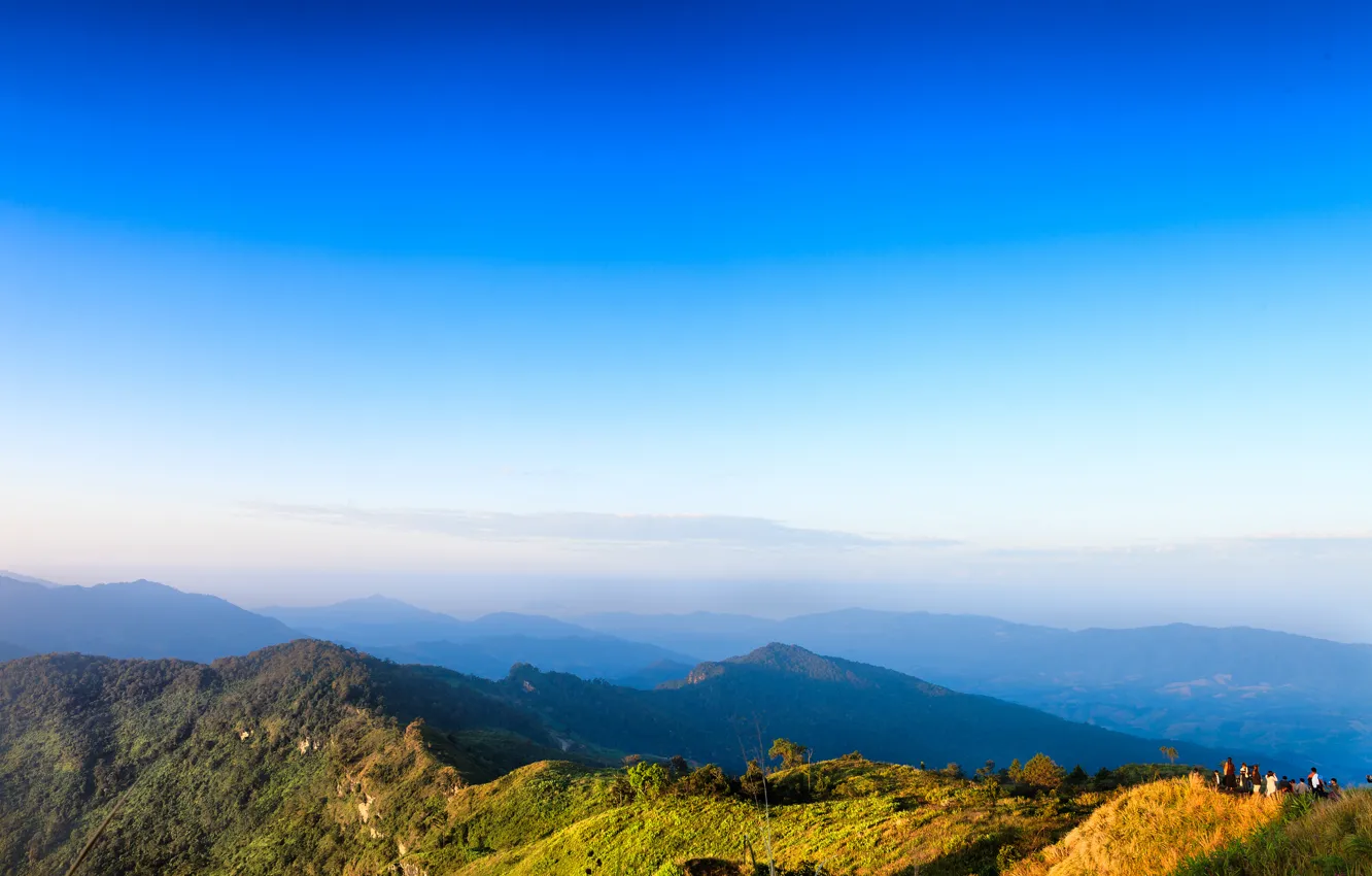 Photo wallpaper the sky, mountains, tops, people