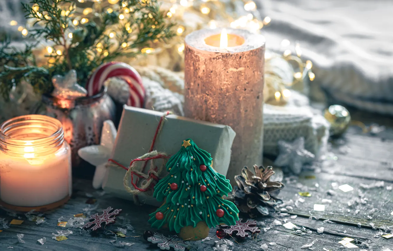 Photo wallpaper light, snowflakes, branches, holiday, box, gift, Board, new year