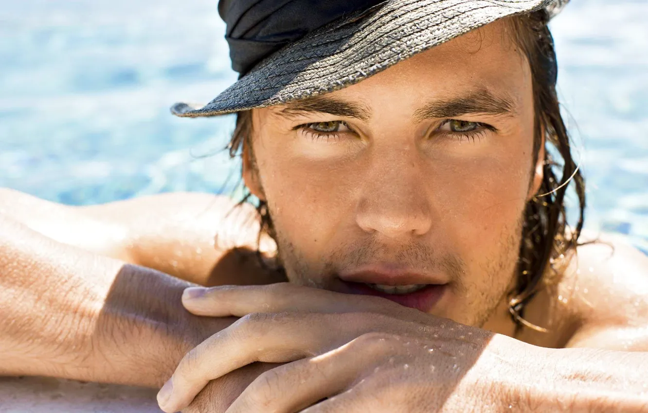 Photo wallpaper face, hat, pool, male, Taylor Kitsch, Taylor Kitsch