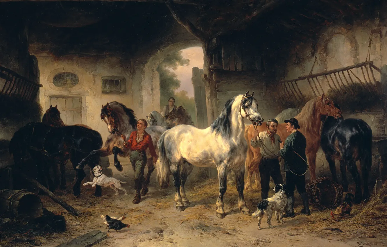 Photo wallpaper oil, picture, canvas, The interior of the Barn with the Horses and People, Wouterus Verschuur