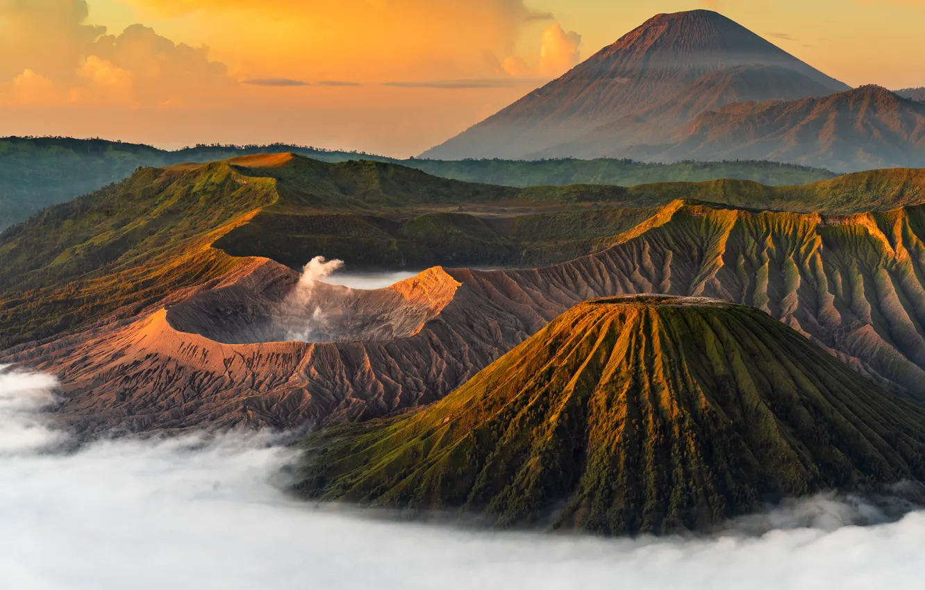Photo wallpaper greens, the sky, clouds, trees, mountains, hills, height, the volcano