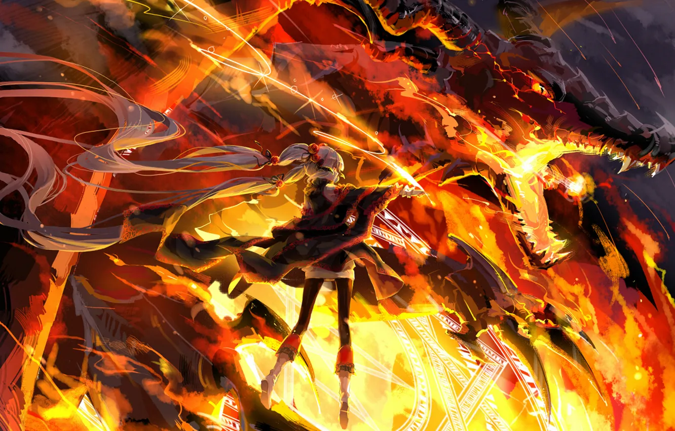 Photo wallpaper lights, dragon, girl