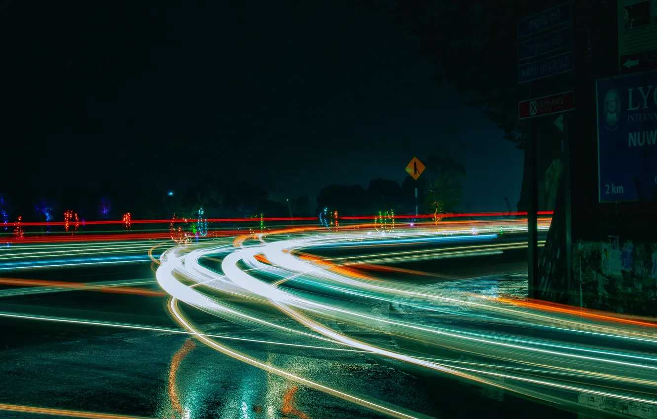 Photo wallpaper road, night, highway, road, night, highway, headlights, lights headlight