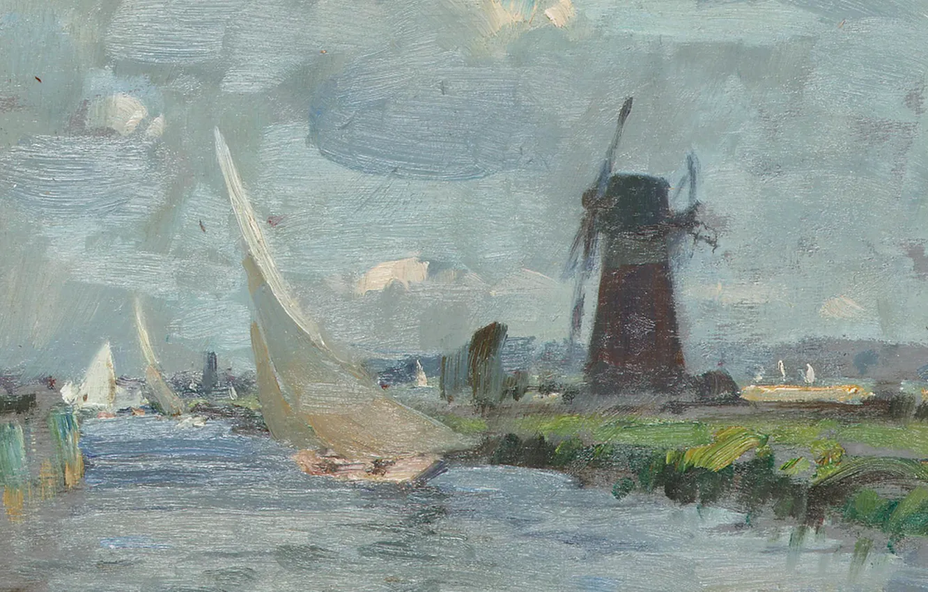 Photo wallpaper landscape, boat, picture, sail, windmill, Edward Seago, Breezy Day on the Ant. Norfolk