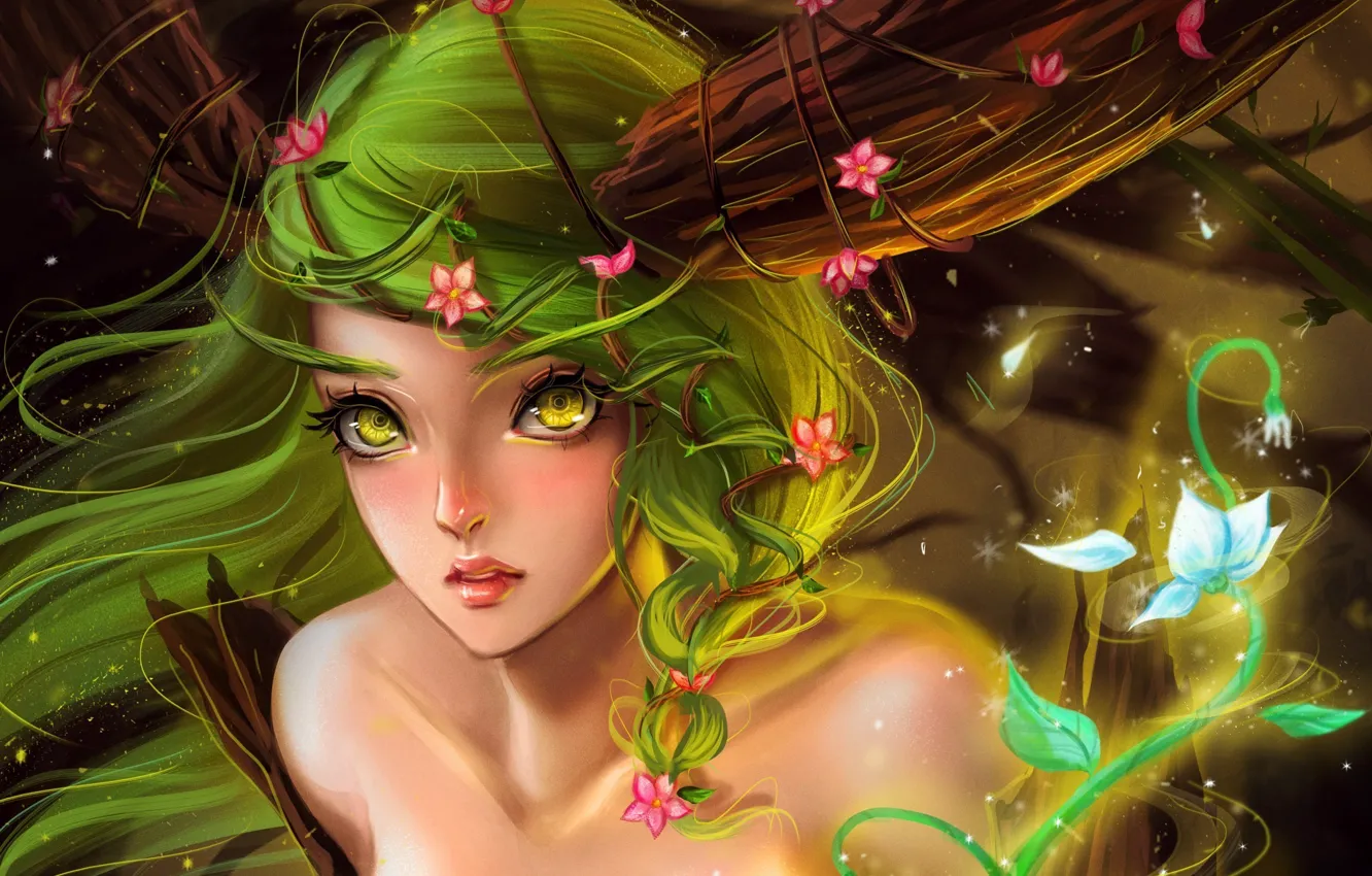 Photo wallpaper lights, magic, fairy, flowers, green hair