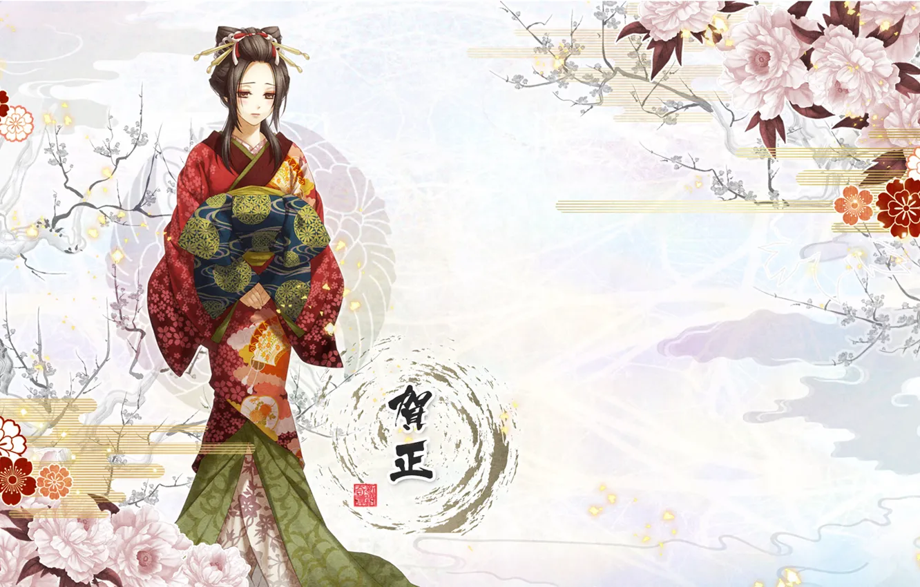 Photo wallpaper girl, flowers, characters, kimono, Hakuouki, Yukimura Chizuru