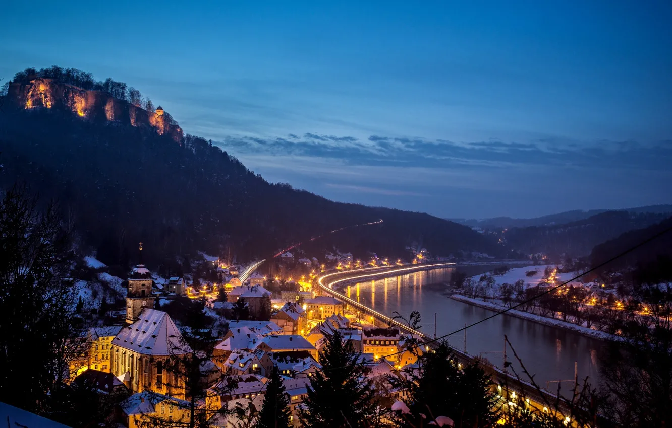 Photo wallpaper winter, snow, the city, river, mountain, home, the evening, Germany