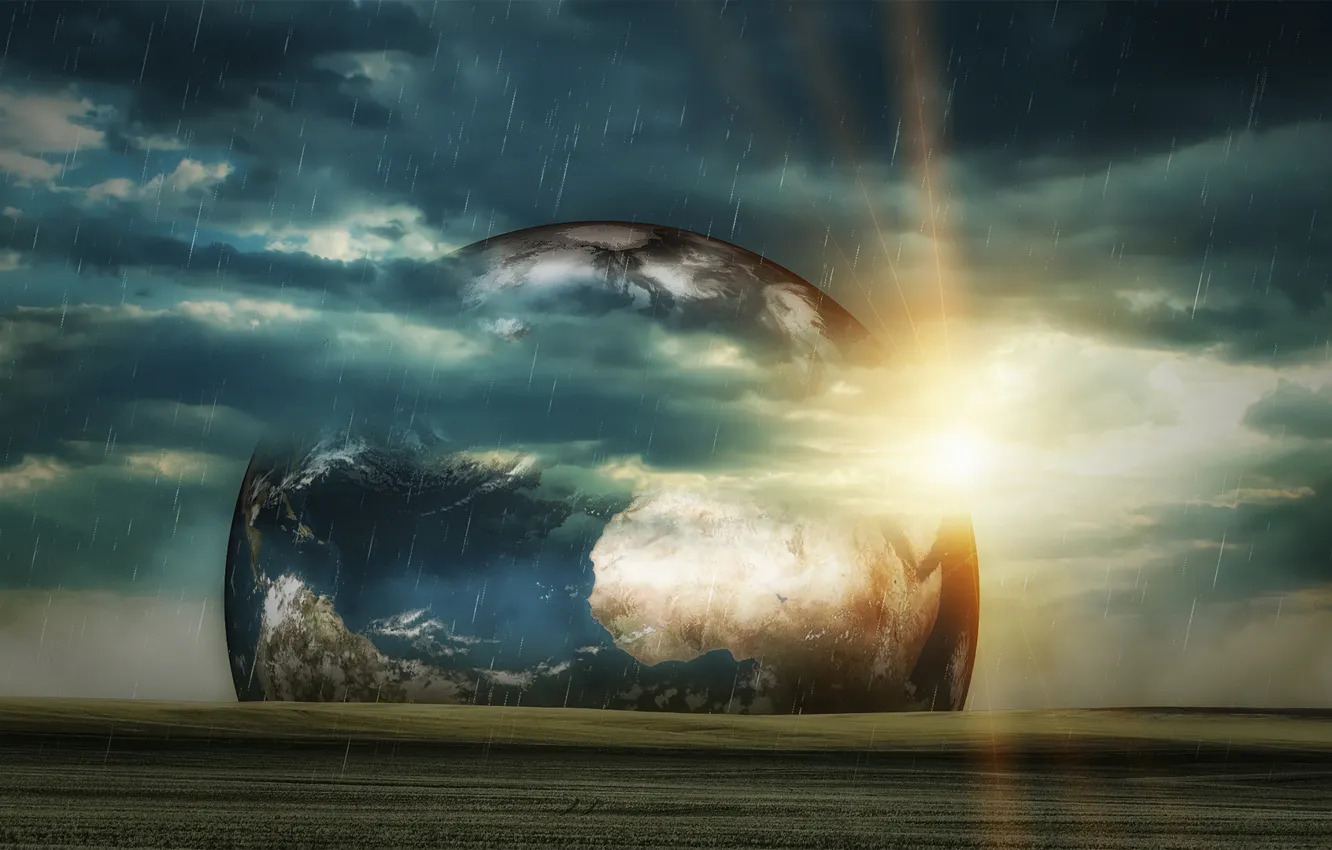 Photo wallpaper clouds, planet, grass, rain, Earth, the sun, the sky, fiction, space