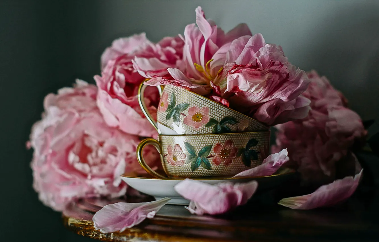 Photo wallpaper flowers, style, petals, Cup, mugs, peonies