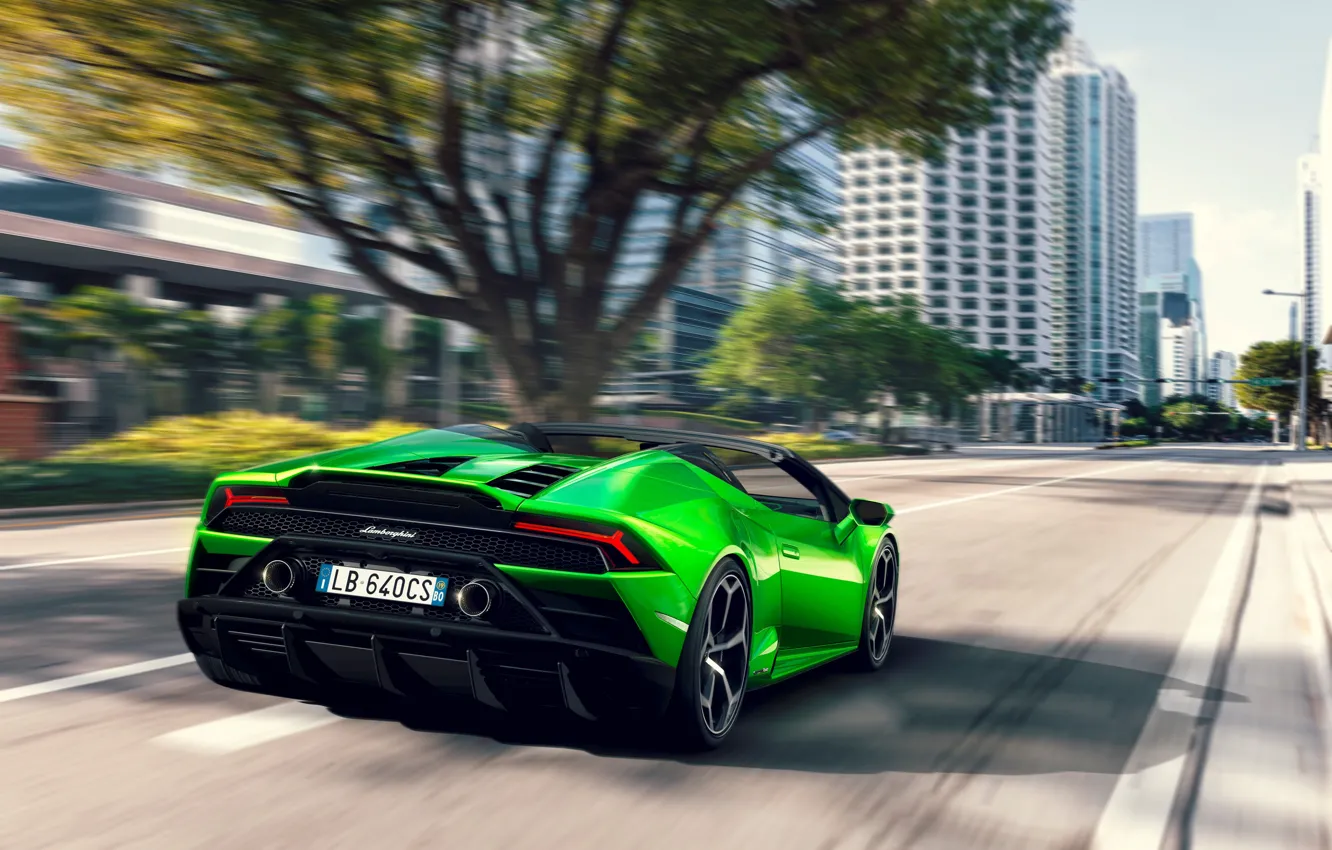 Photo wallpaper machine, trees, street, speed, Lamborghini, lights, optics, sports car