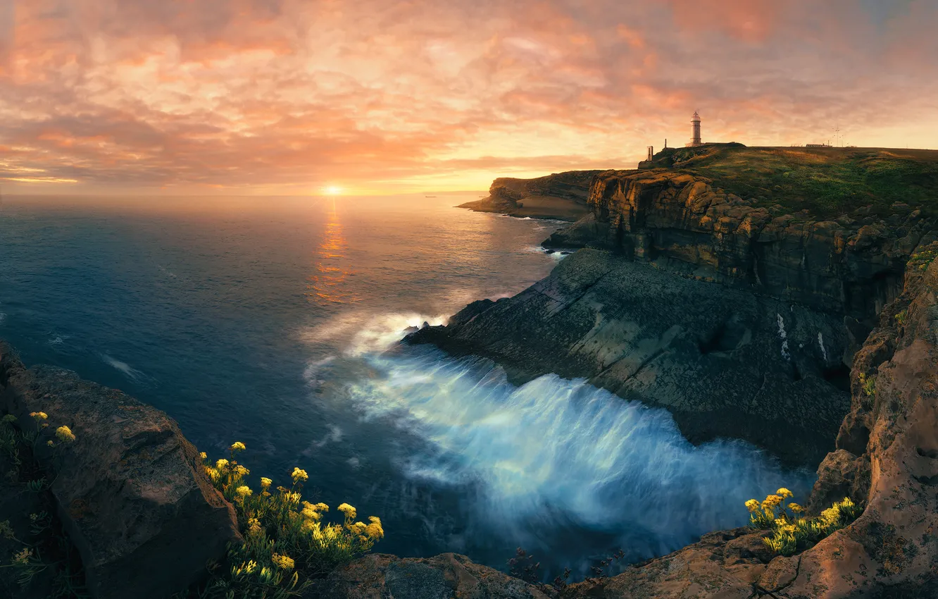 Photo wallpaper sea, wave, the sun, clouds, sunset, flowers, mountains, stones