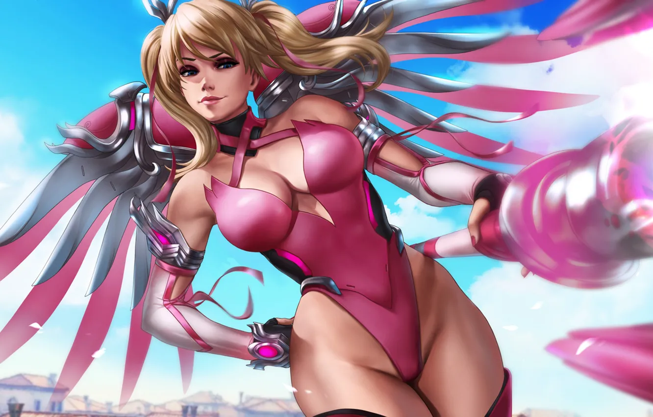 Photo wallpaper chest, the sky, feet, body, wings, Tits, blonde, costume