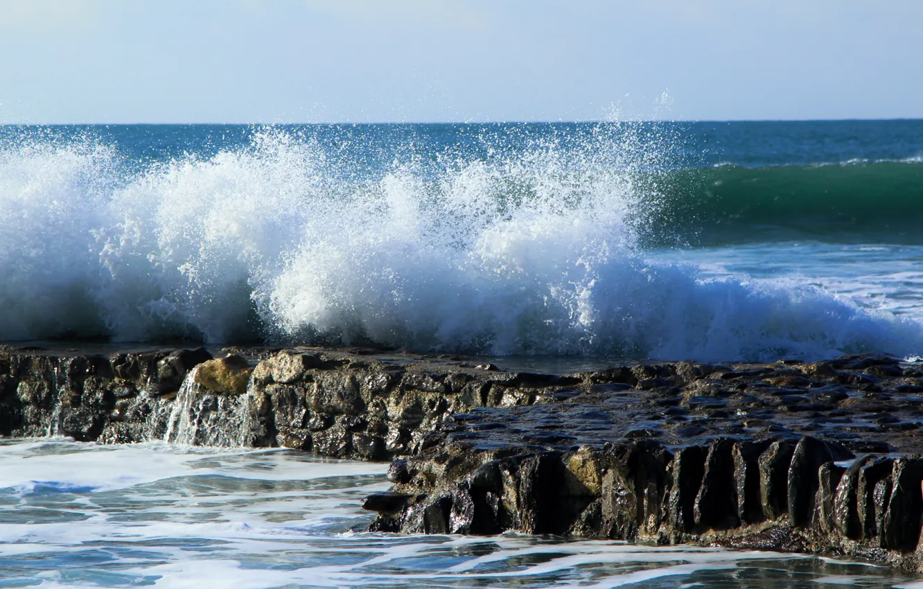 Photo wallpaper sea, squirt, stones, rocks, wave