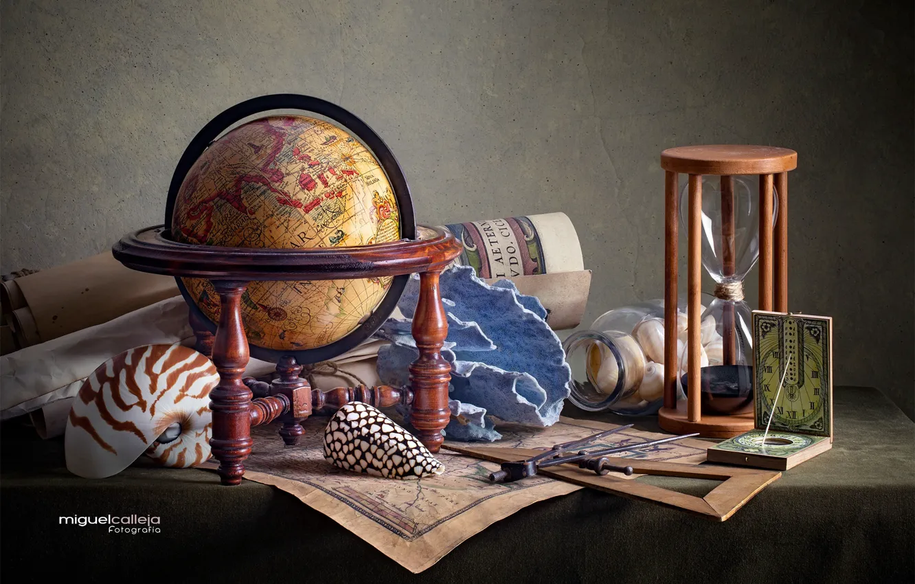 Photo wallpaper card, shell, still life, globe, hourglass, the compass