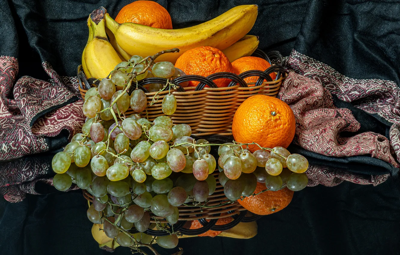 Photo wallpaper green, reflection, the dark background, table, orange, grapes, bananas, fabric