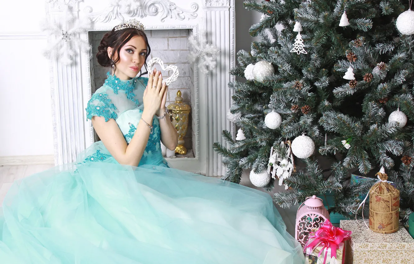 Photo wallpaper look, girl, tree, dress, gifts, New year
