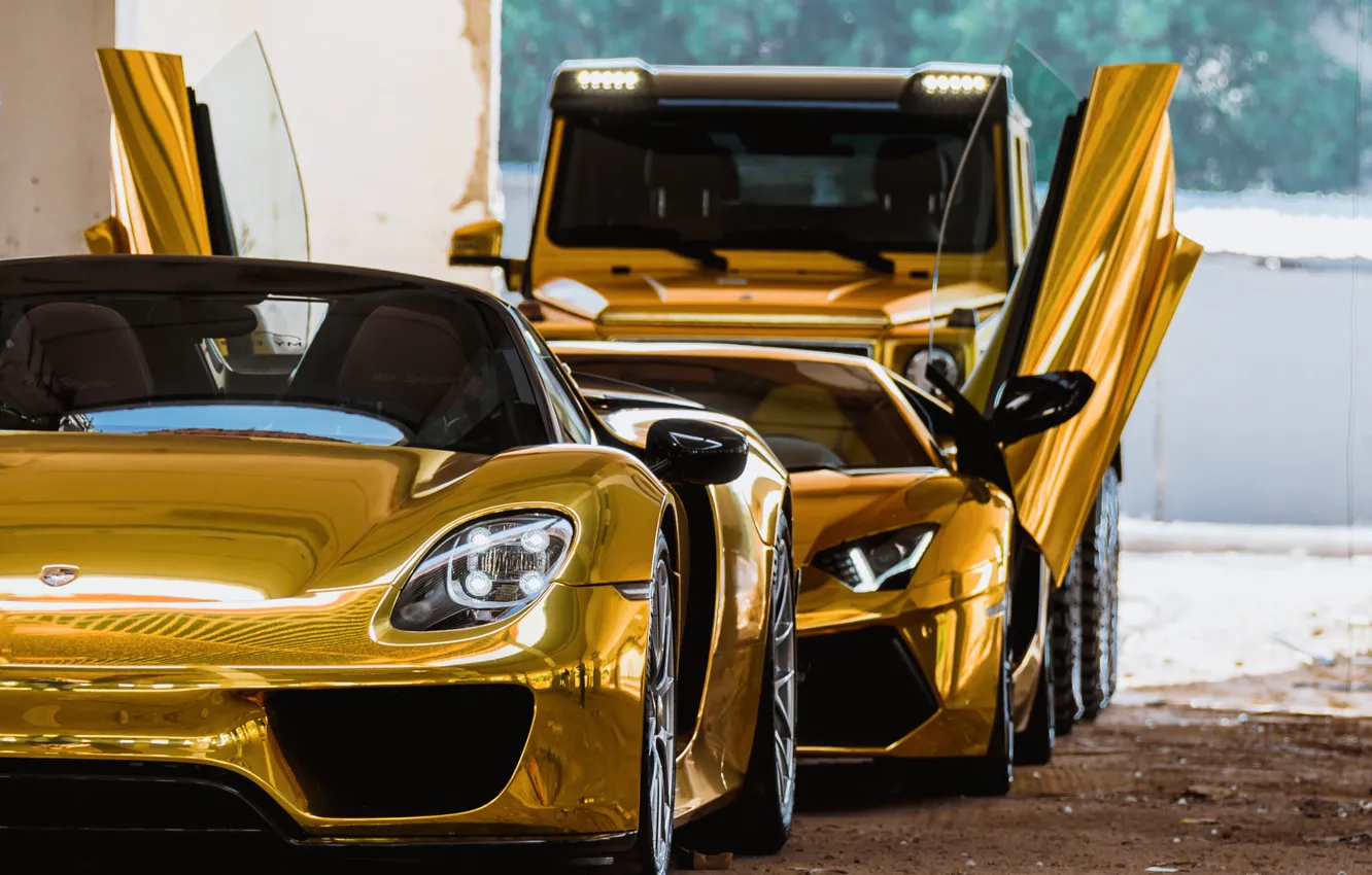 Photo wallpaper Golden, Lamborghini Aventador, Porsche 918, Mercedes 6x6
