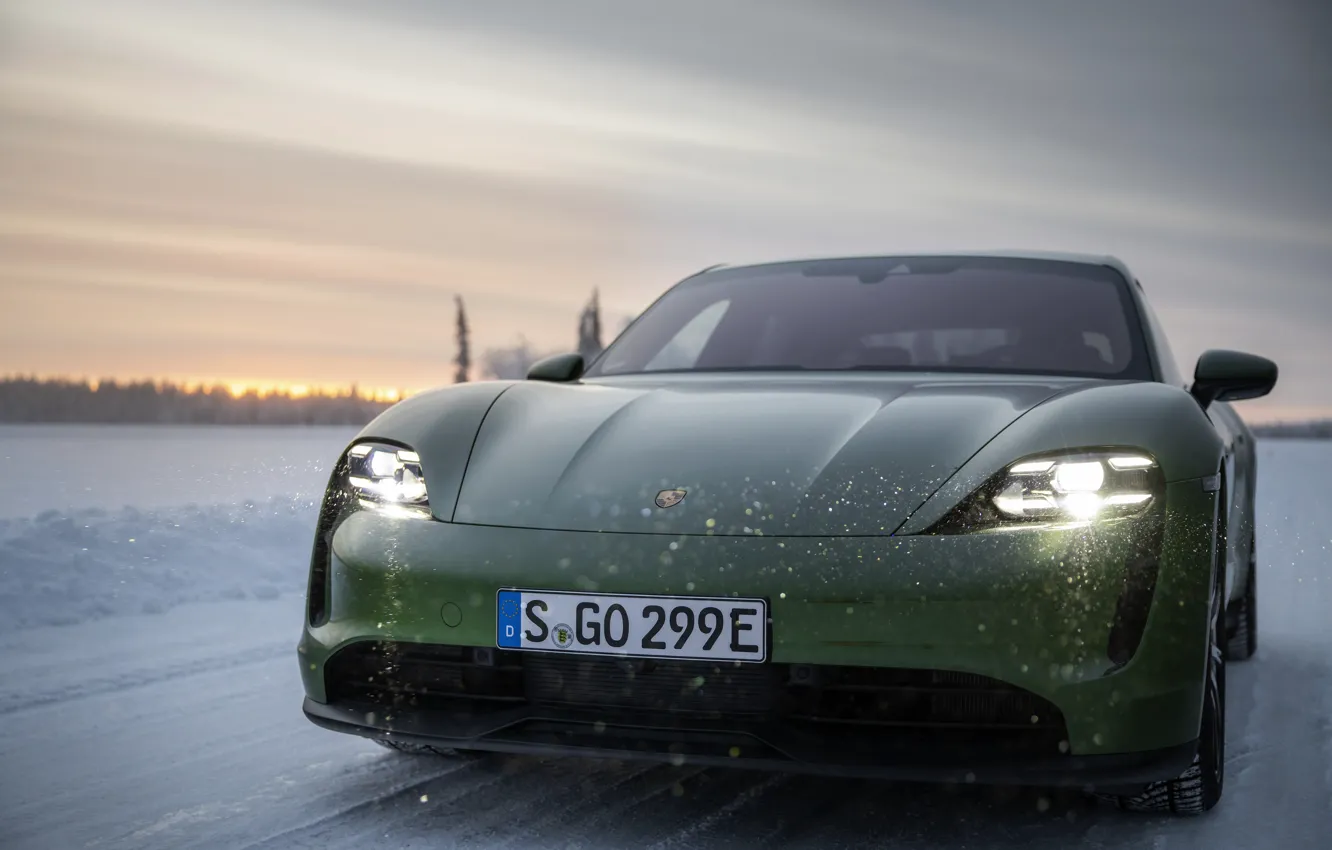 Photo wallpaper snow, Porsche, green, before, 2020, Taycan, Taycan 4S