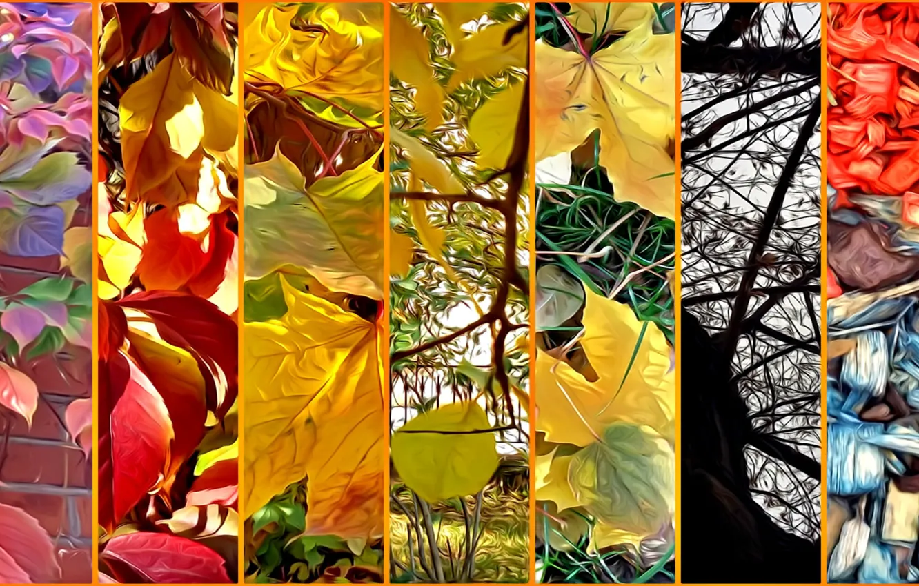 Photo wallpaper autumn, leaves, trees, branches, nature, rendering, collage, sawdust on the lawn