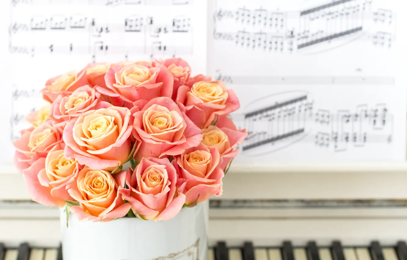 Photo wallpaper notes, bouquet, vase, Roses