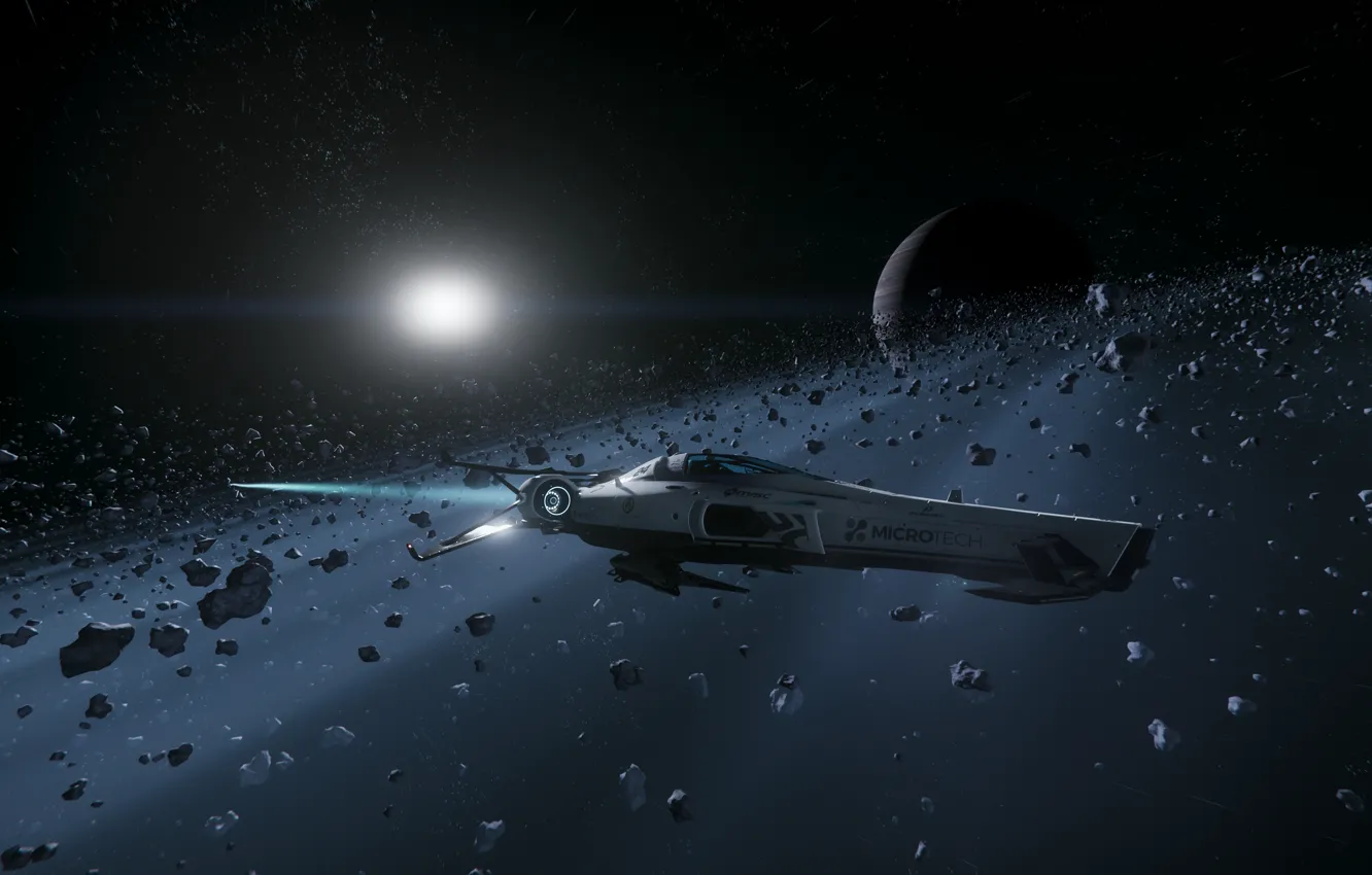 Photo wallpaper the sun, space, fiction, ship, planet, meteorites, Star Citizen