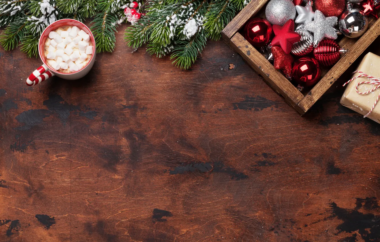 Photo wallpaper snow, decoration, tree, Christmas, Cup, gifts, New year, Christmas