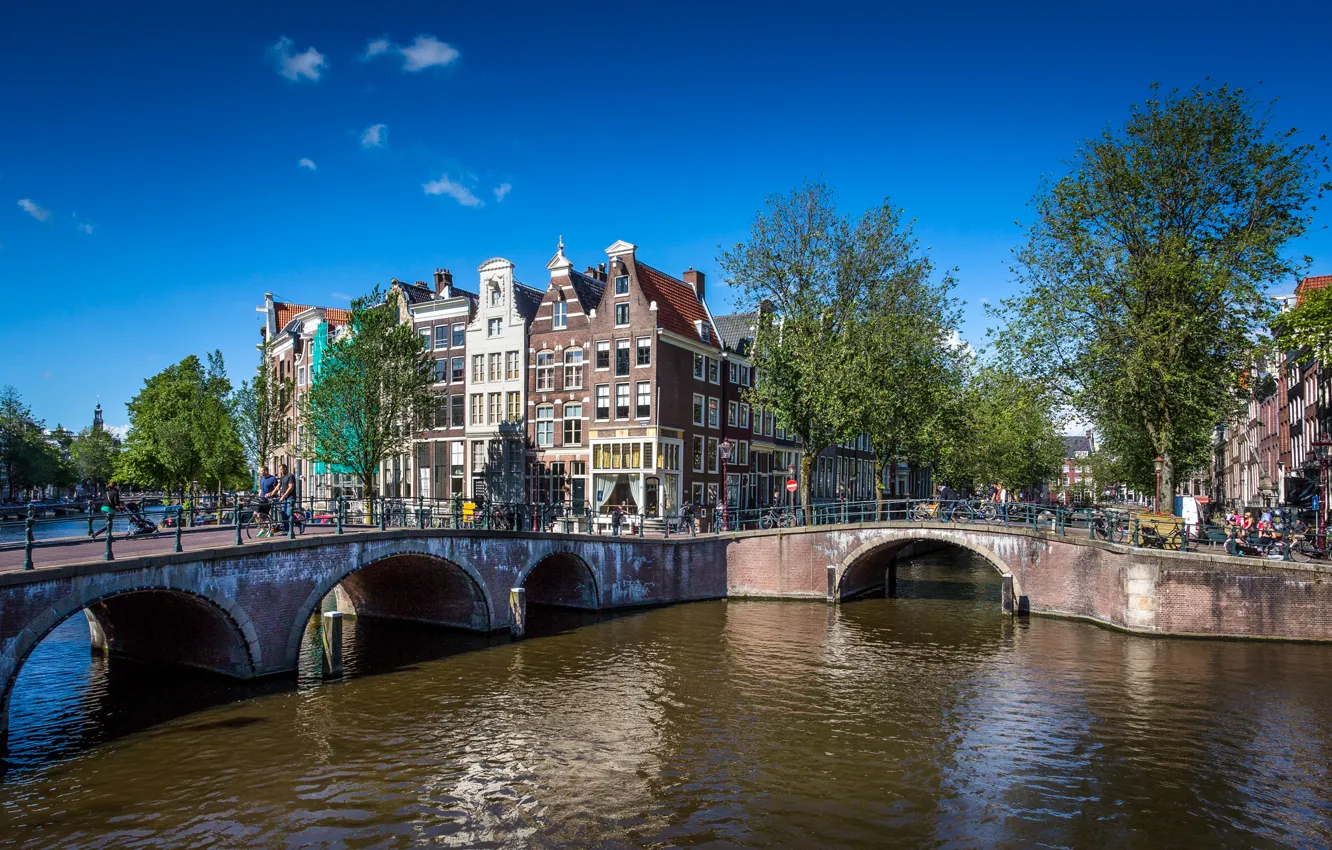 Photo wallpaper summer, the sky, trees, bridge, bike, people, home, Amsterdam