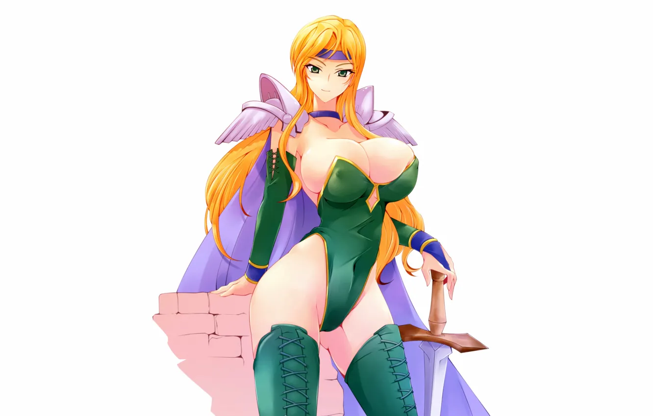 Photo wallpaper girl, sword, sexy, Final Fantasy, thighhighs, green eyes, long hair, boobs