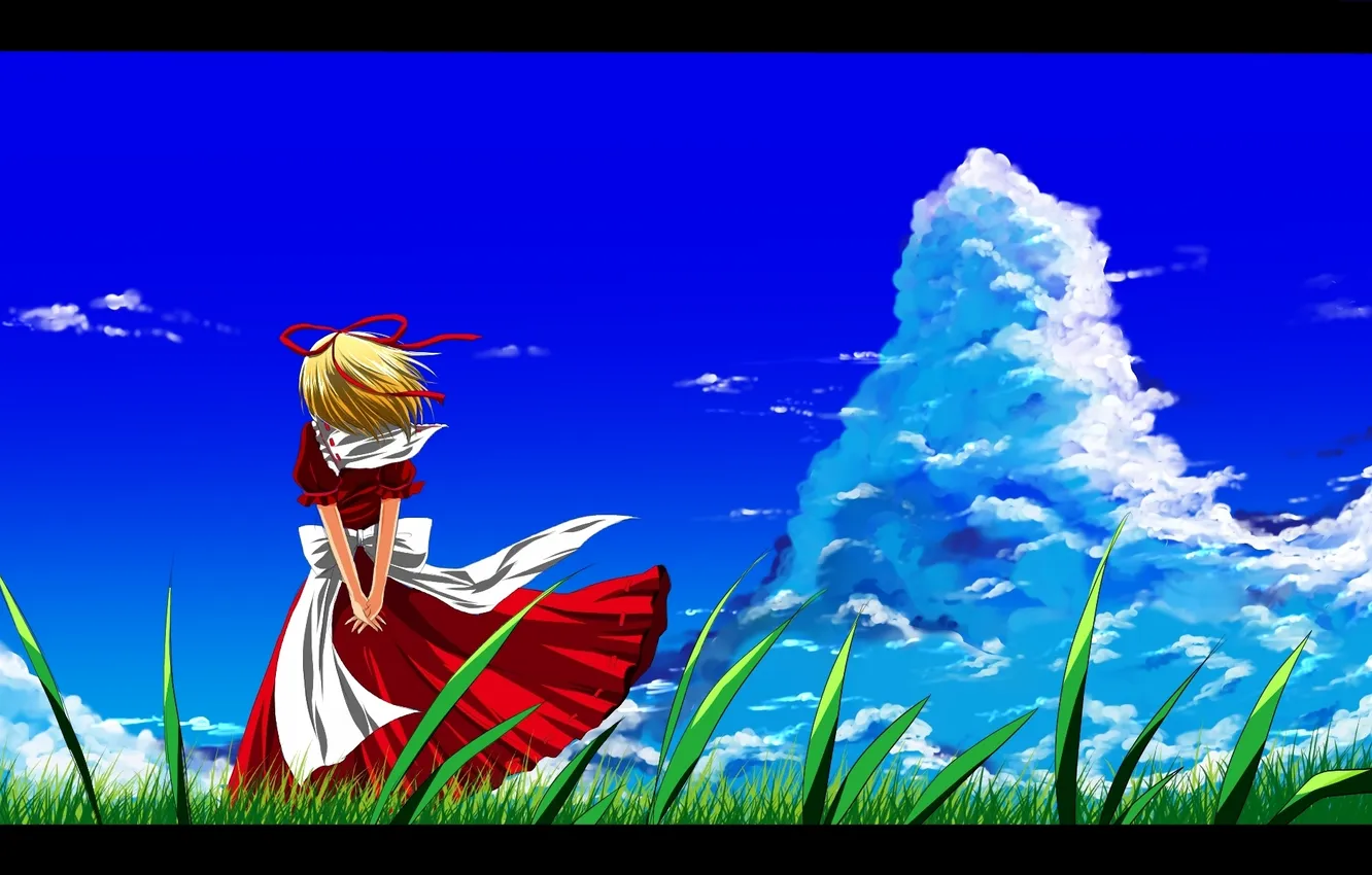Photo wallpaper grass, girl, clouds, the wind, back, dress, art, touhou