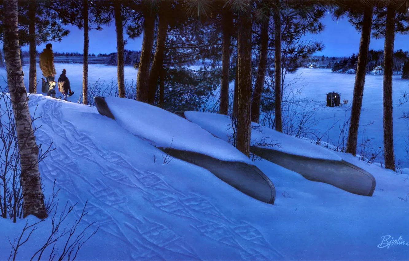 Photo wallpaper winter, forest, stars, snow, lake, boat, fisherman, the evening