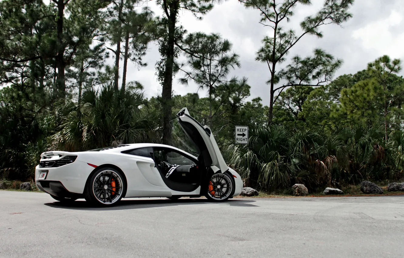 Photo wallpaper white, the sky, trees, McLaren, shadow, white, side view, MP4-12C