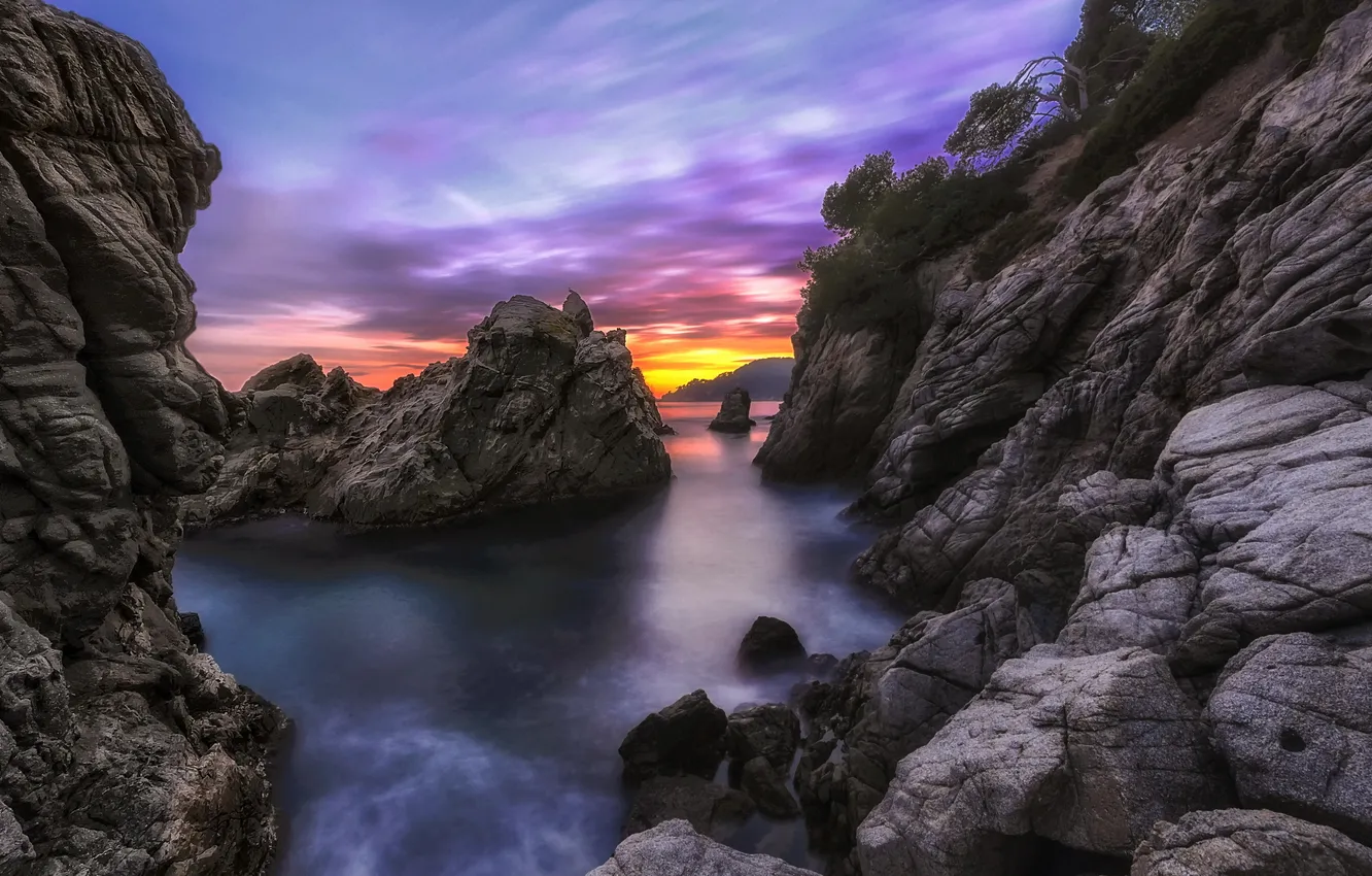 Photo wallpaper sea, sunset, rocks