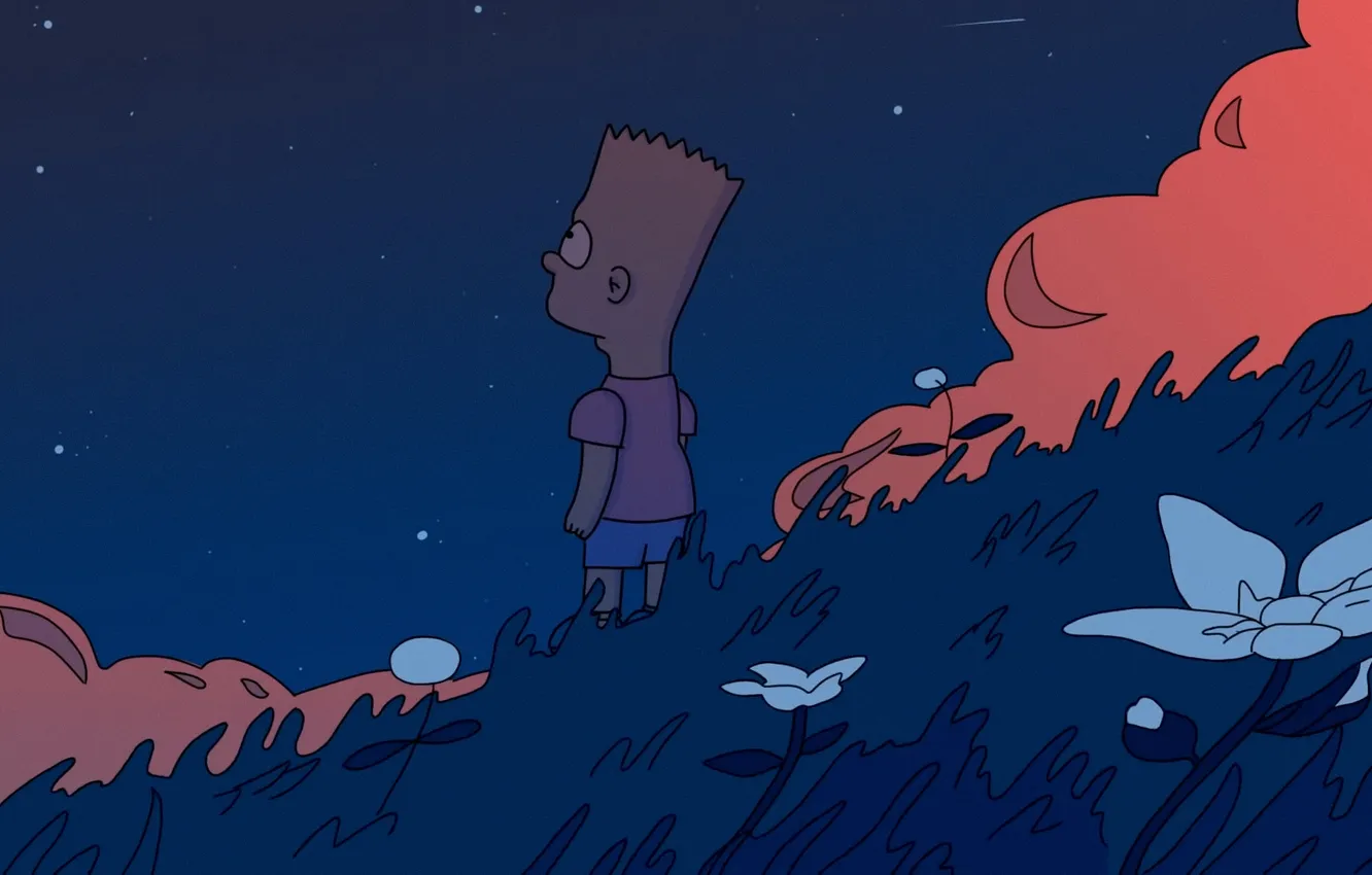 Photo wallpaper flowers, clouds, stars, The Simpsons, Bart Simpson, LoFi