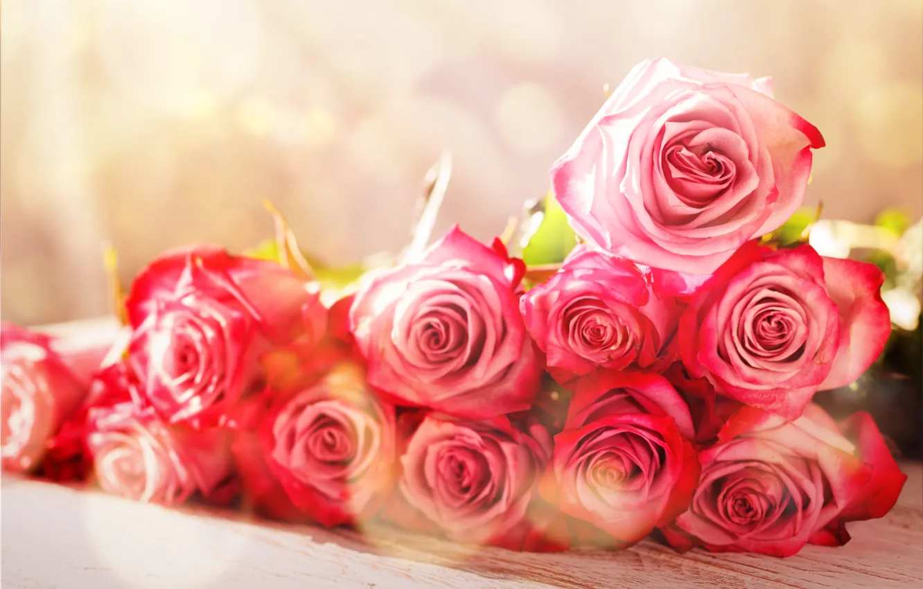 Photo wallpaper table, background, roses, bouquet, bokeh
