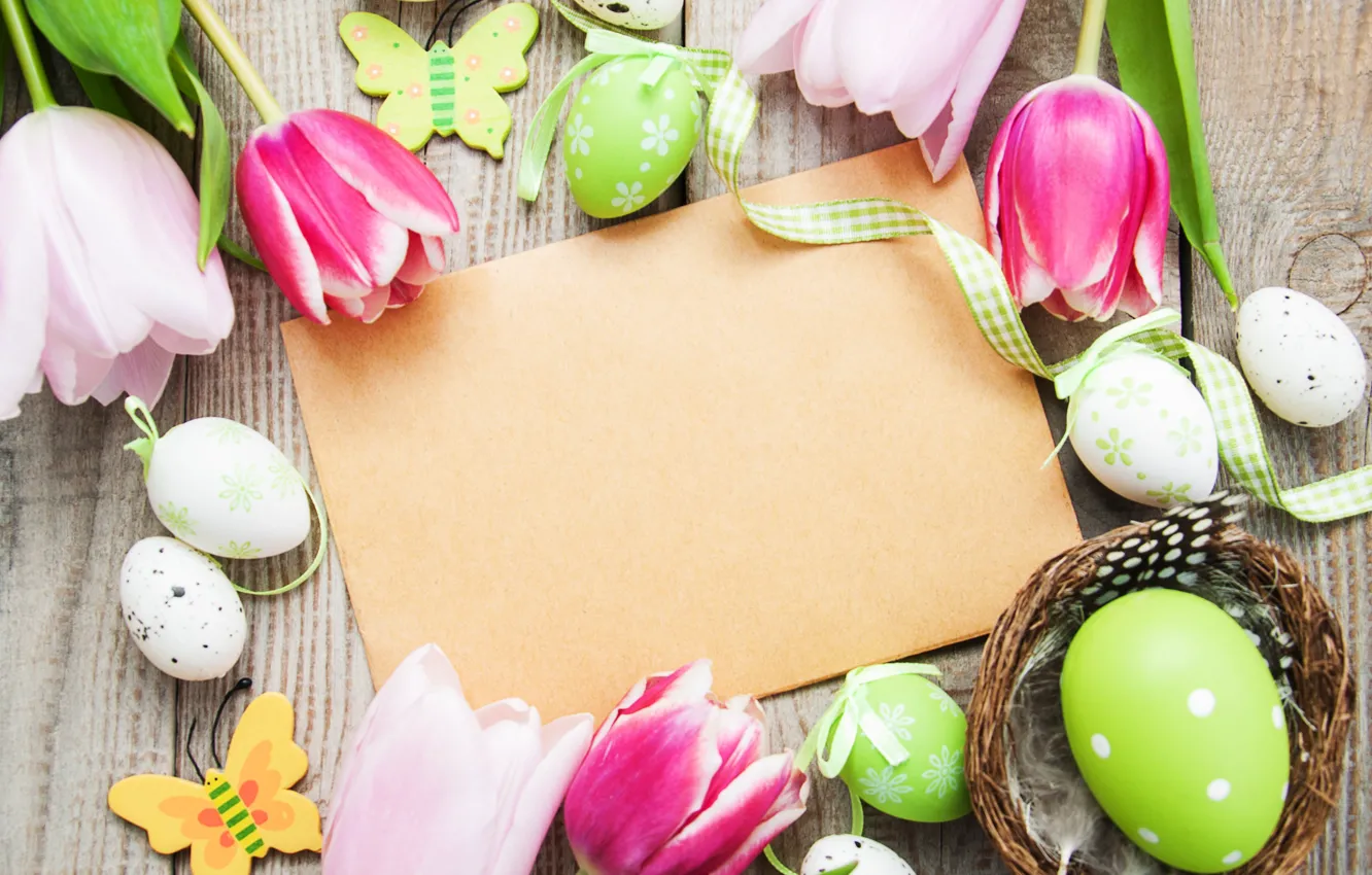 Photo wallpaper flowers, eggs, spring, colorful, Easter, tulips, wood, pink