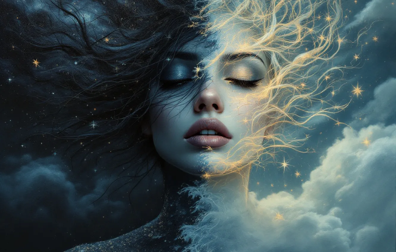 Photo wallpaper the sky, girl, clouds, light, night, darkness, morning, opposites