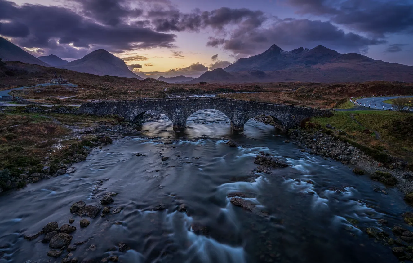 Photo wallpaper mountains, bridge, river, Scotland, Scotland, Isle of Skye, Isle Of Skye, Cuillin Mountains