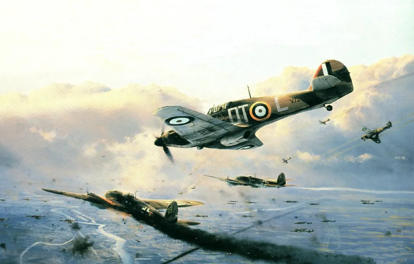 Photo wallpaper Smoke, Aircraft, Fighter, Picture, Interceptor, British fighter, Battle of Britain, Attack