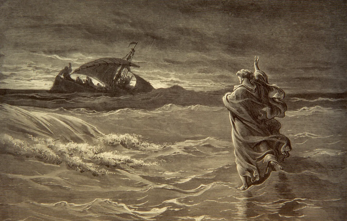 Photo wallpaper wave, ship, miracle, jesus walks on water, konrad witz