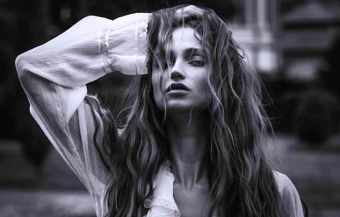 Photo wallpaper look, girl, pose, hair, portrait, blouse, bokeh, Joachim Bergauer