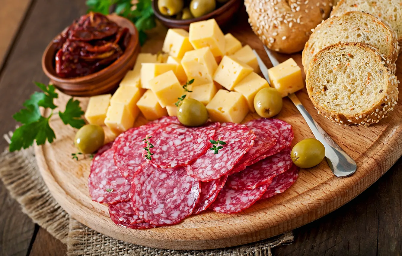 Photo wallpaper Board, cheese, bread, olives, sausage