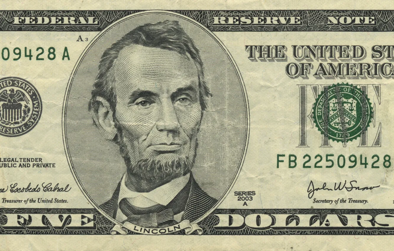 Photo wallpaper Lincoln, note, five, dollar, united, reserve, $