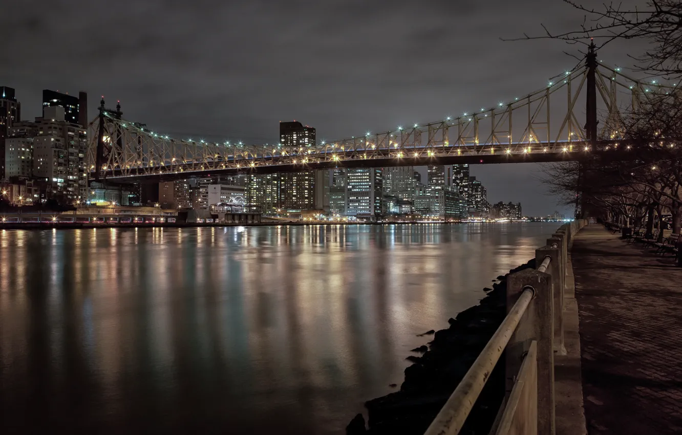 Photo wallpaper bench, night, bridge, city, the city, lights, lights, Park