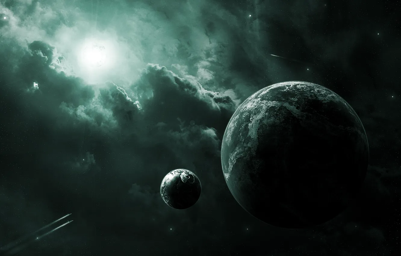 Photo wallpaper the sun, nebula, the moon, ship, planet, satellite