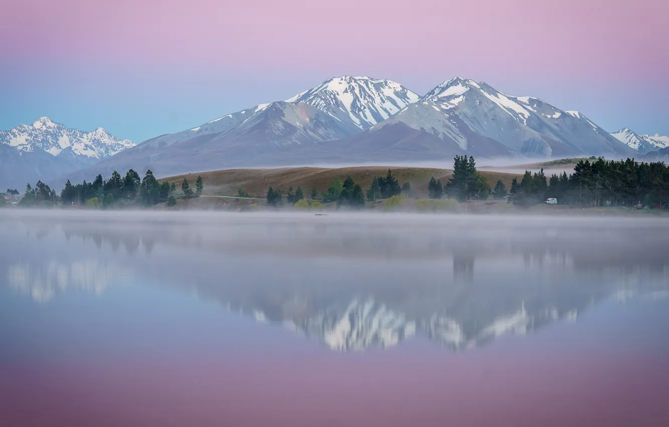 Photo wallpaper forest, mountains, fog, lake, reflection, river, hills, shore