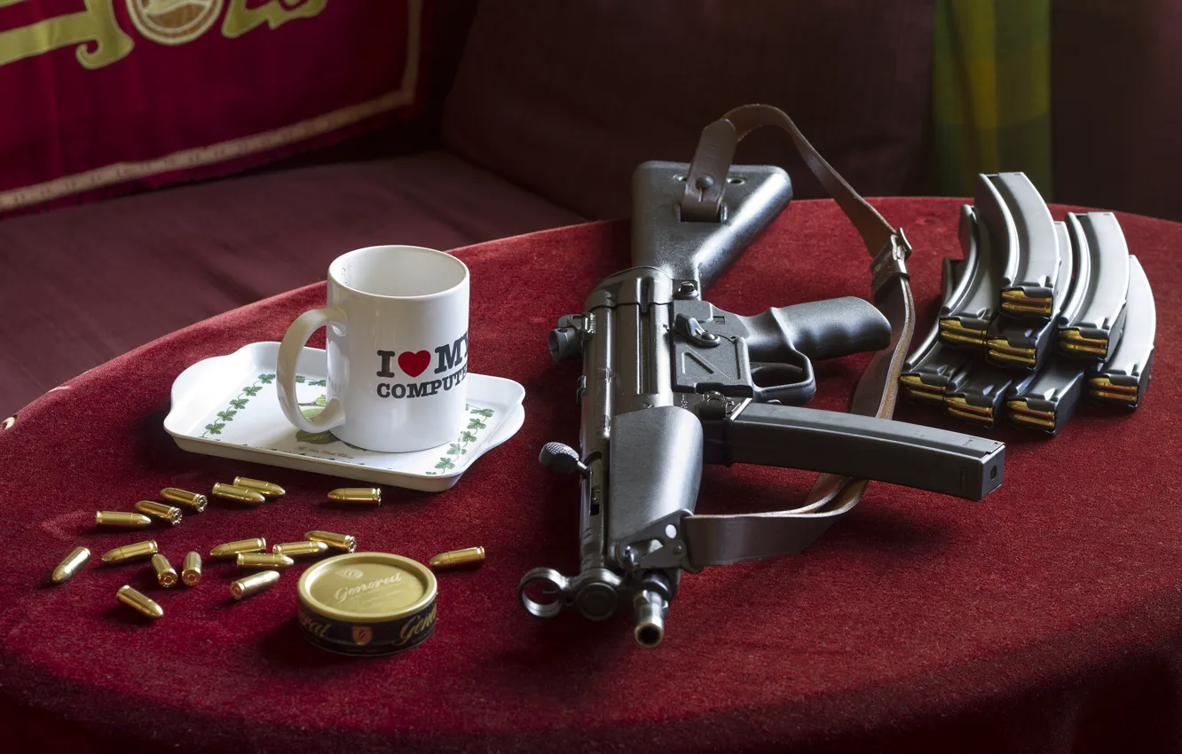 Photo wallpaper table, background, mug, cartridges, the gun, MP5, model No. 5, nine millimeter
