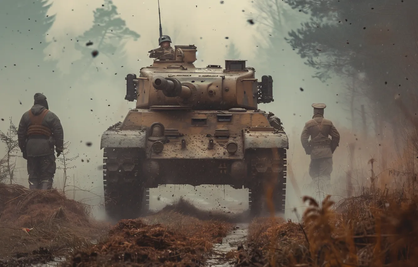 Photo wallpaper trees, dirt, soldiers, tank, WWII, The great Patriotic war, The second World war, digital art