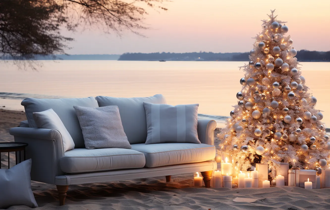 Photo wallpaper sand, decoration, river, sofa, gift, balls, shore, tree