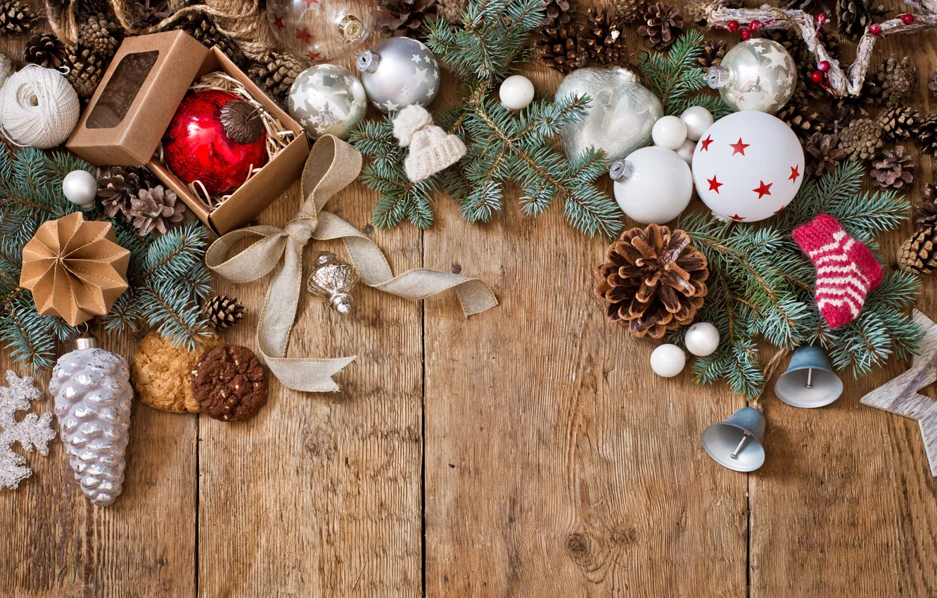 Photo wallpaper decoration, balls, new year, Christmas, Christmas, balls, wood, New Year